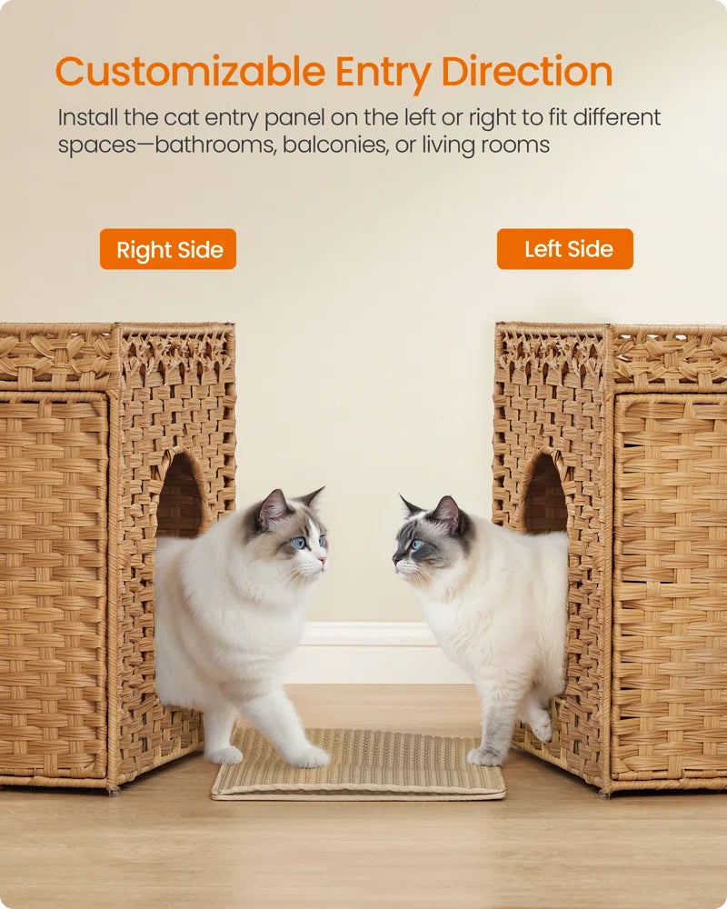 Warm tan rattan hidden cat litter box showing left/right side entry panel options