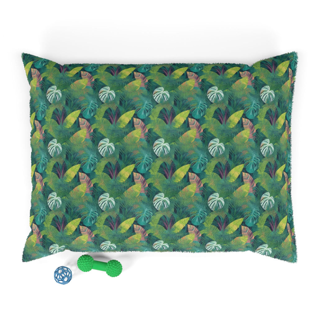 Emerald Canopy Tropical Leaves Pet Bed — Coral Fleece, Removable Cover, 40" × 30"