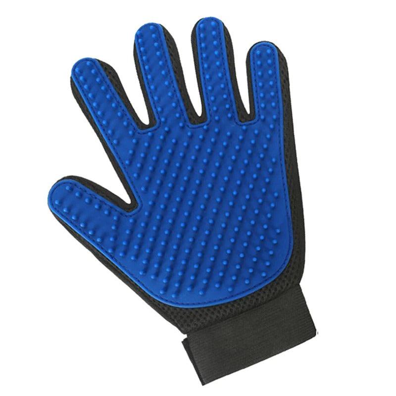 Blue rubber pet grooming glove with raised nubs on an open palm, black cuff.