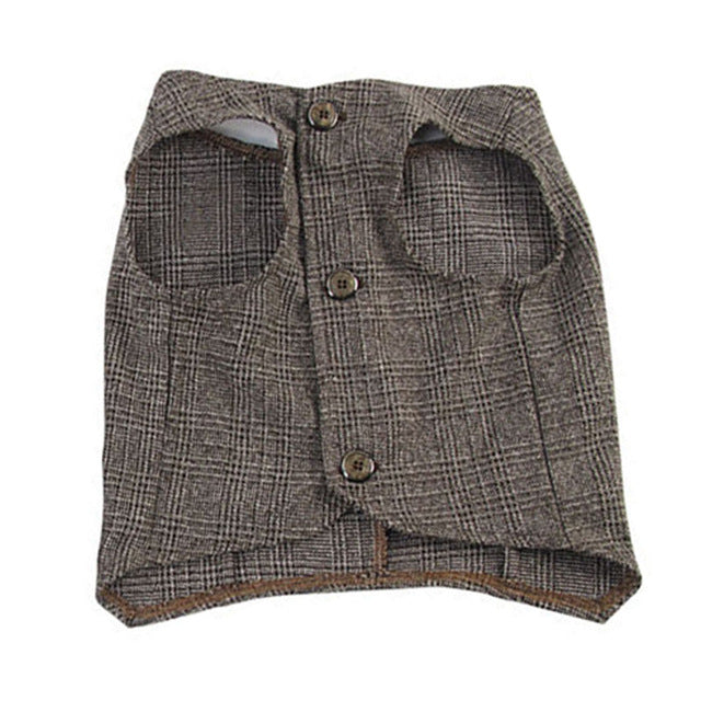 Gray plaid pet wedding suit vest with button front and stitched pockets