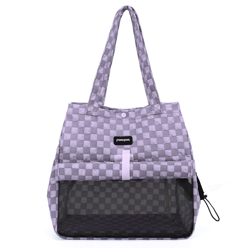 Small portable cat shoulder bag with purple check pattern and black front panel.