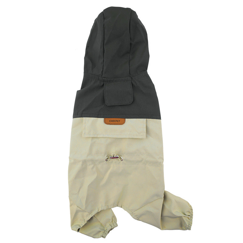 Dark gray hooded pet raincoat with light gray lower panel and front pocket