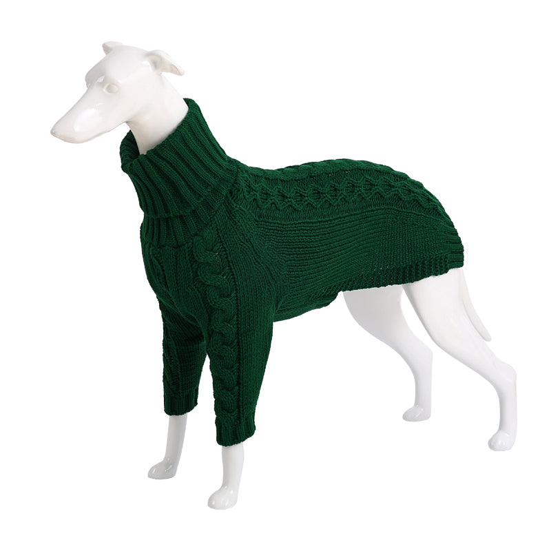 High-collar knit dog sweater in dark green, textured cable pattern with long sleeves