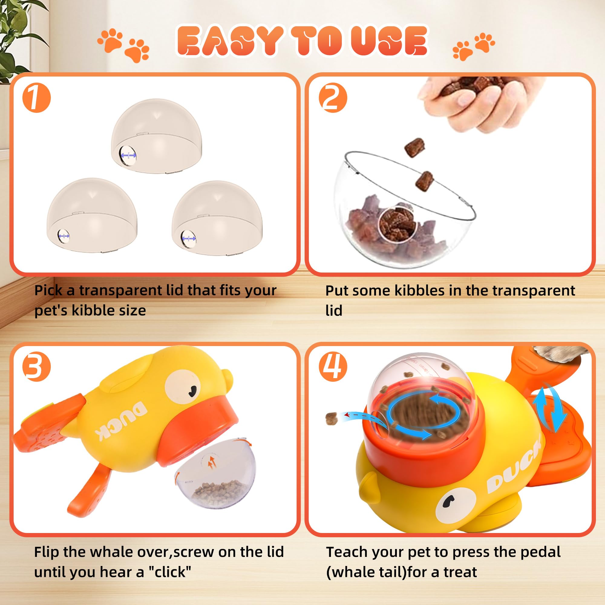 Set of transparent dome lids for duck-shaped treat dispenser puzzle toy.
