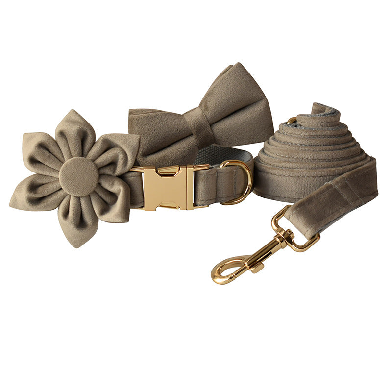 Pet flannel chest strap set with gold buckle, bow and flower accents, leash clasp
