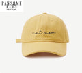 Yellow cat mom baseball cap with embroidered text and curved brim