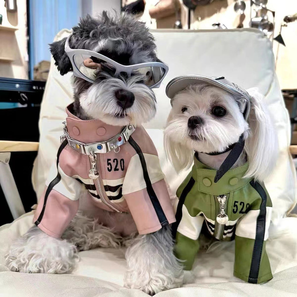 Pet motorcycle jacket coat, pink and green with zip front and striped sleeves