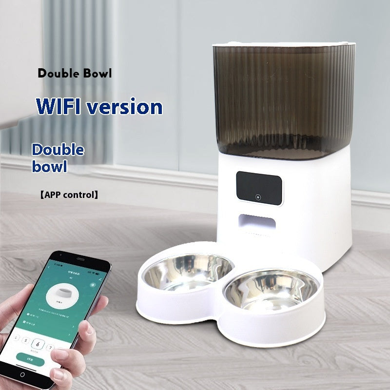Automatic pet feeder with double stainless-steel bowls and app-controlled button panel