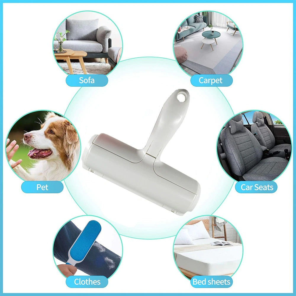 White pet hair remover roller tool with blue lint pads