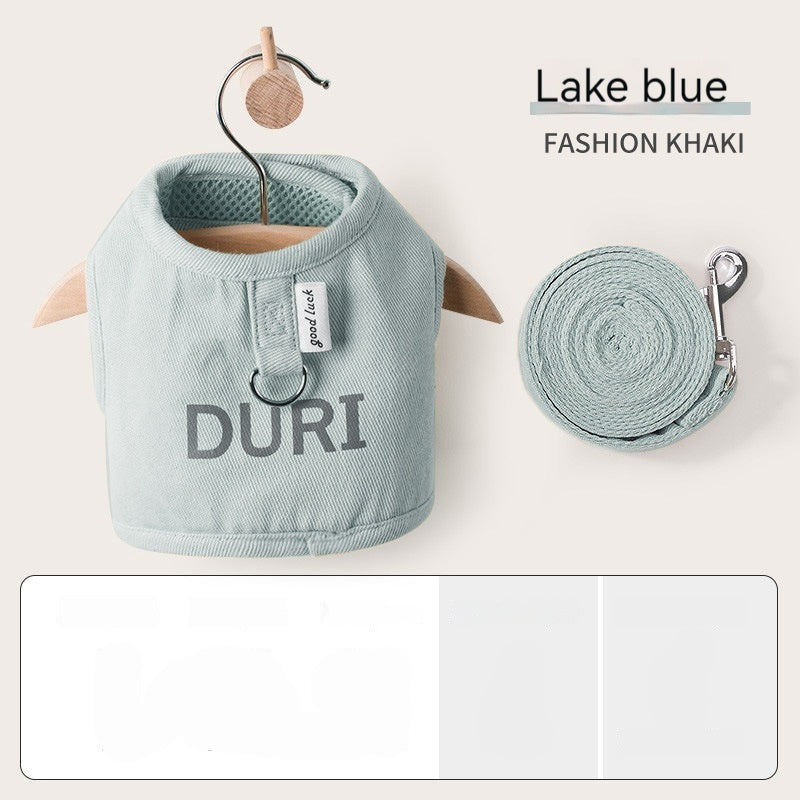 Lake blue pet chest harness with D-ring and matching leash rope coil