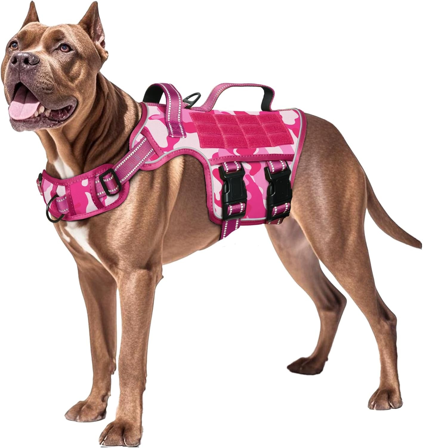 Dog tactical harness vest in pink camouflage with front chest straps and dual buckles