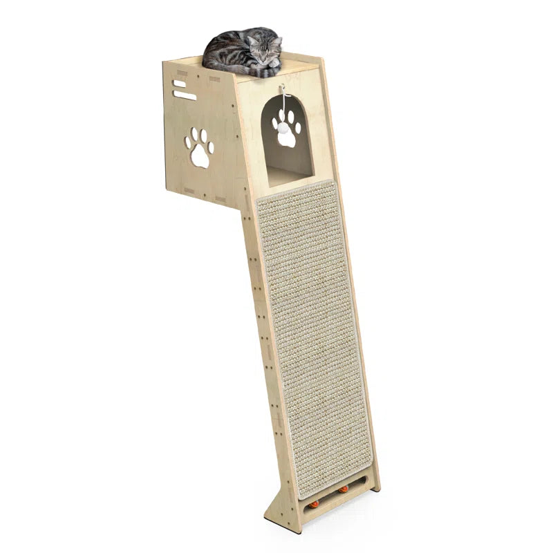 Light wood cat climber with enclosed top cubby, paw cutouts, and long scratch mat