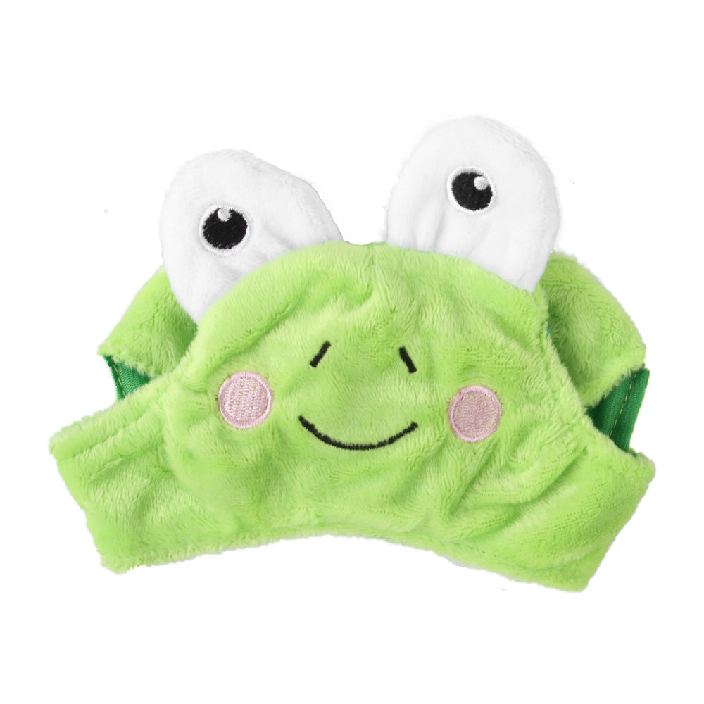 Green plush pet hood hat with smiling face and white bunny ears, front opening included