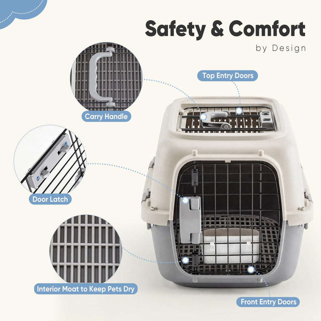 Airline-approved pet carrier crate showing carry handle and front wire entry door