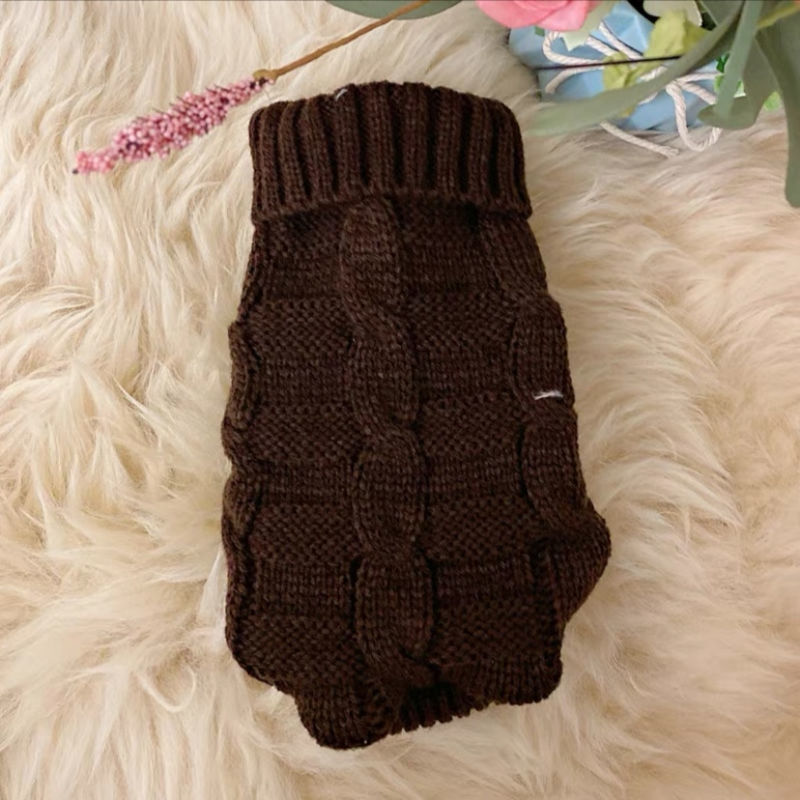 Knitted cat sweater in dark brown with ribbed turtleneck and raised textured panels
