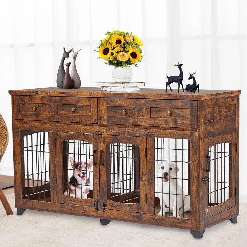 Rustic brown modern console dog crate with three front sliding-door panels and black bars