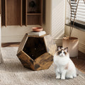 Antique brown MDF hexagonal cat kennel side table with open top entrance and dark lining