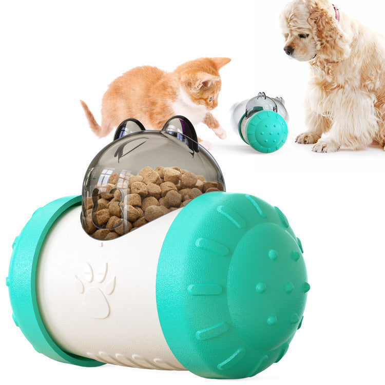 Interactive treat-dispensing wheel toy with clear top and teal-and-white ball body