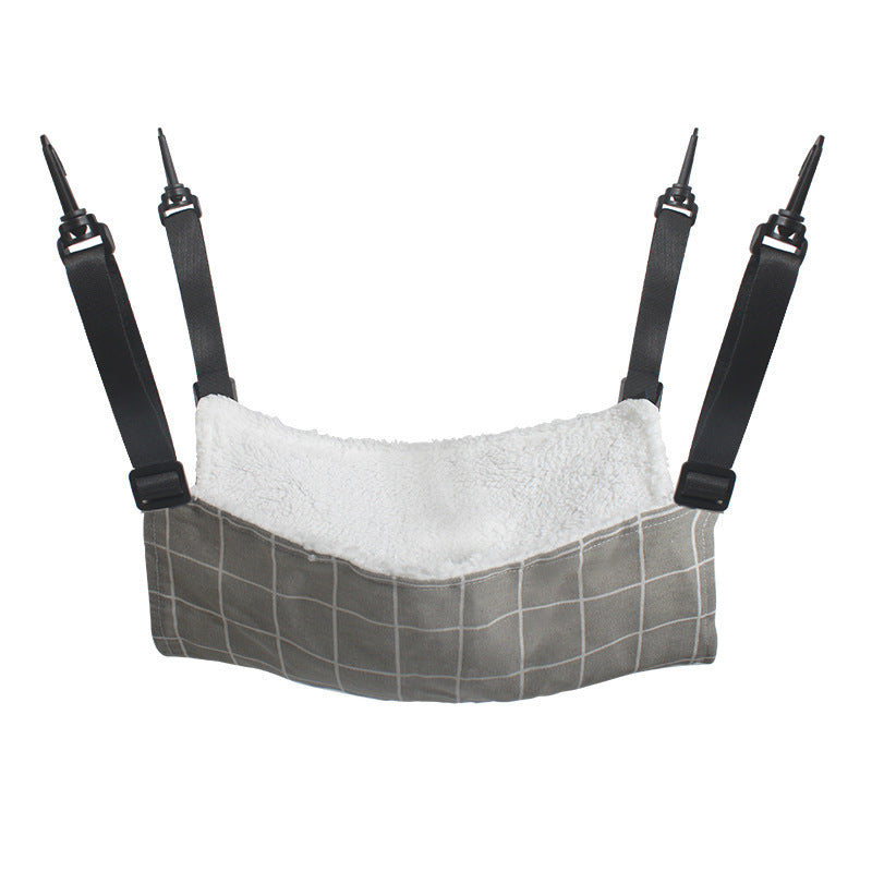 Cat cage hanging hammock bed with gray grid fabric, white plush lining and black straps