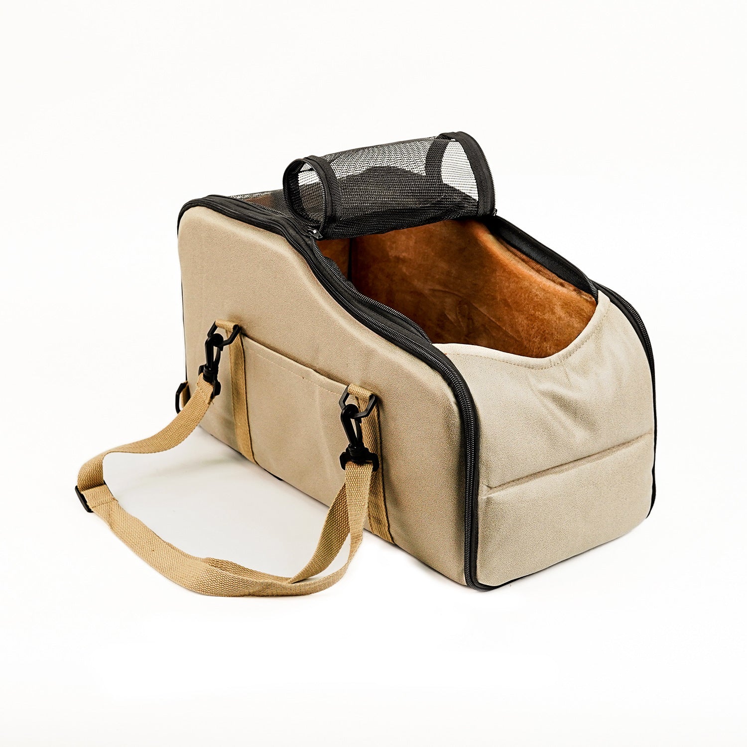 Beige portable pet car bed with black trim, mesh window and shoulder strap