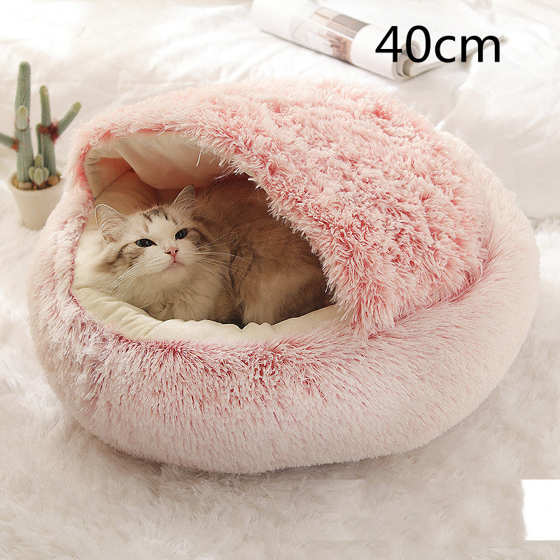 Round plush pet bed with pink shag tunnel, 40cm, cozy cave-style sleeping area
