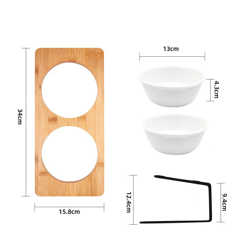 Bamboo water bowl stand with two white ceramic bowls and size diagram