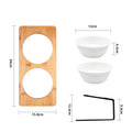 Bamboo water bowl stand with two white ceramic bowls and size diagram
