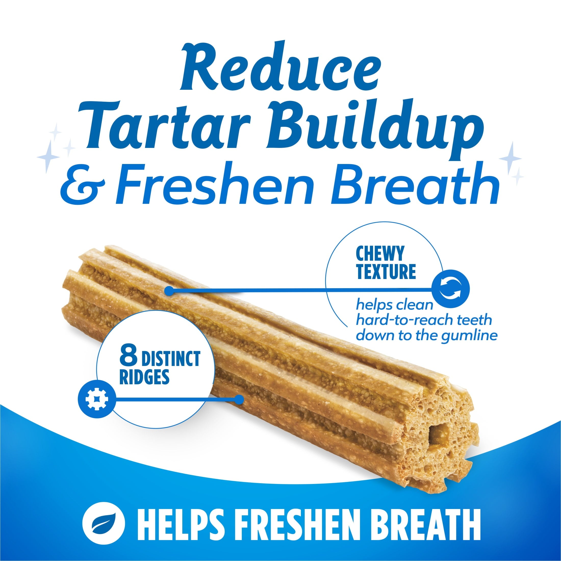 Dentalife dog dental chews with 8 ridges; reduces tartar buildup & freshens breath