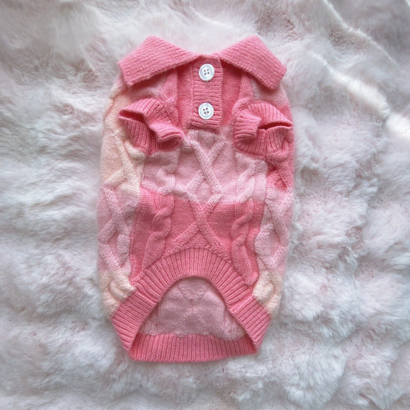 Plaid polo-collar cardigan sweater for pets in pink knit with button placket