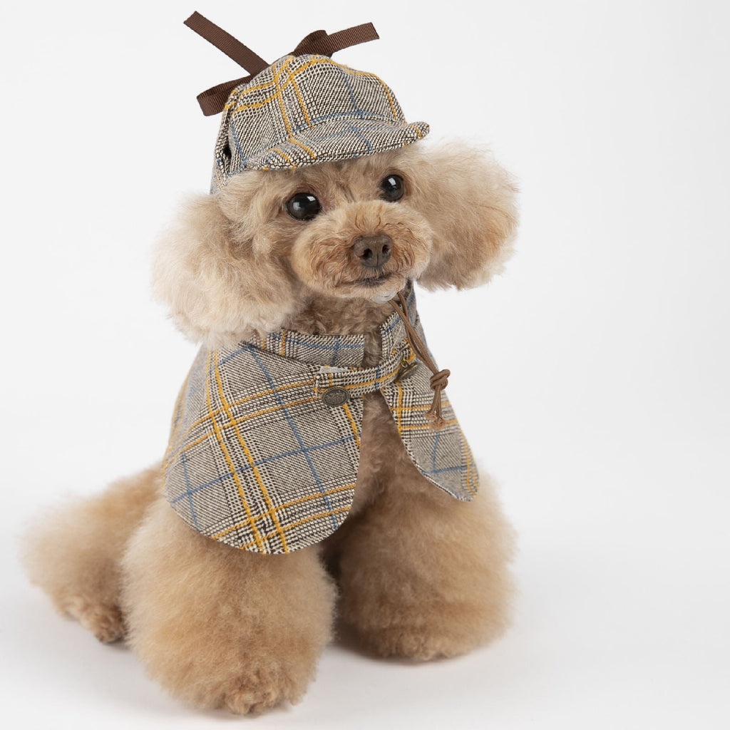 Plaid dog cloak outfit with hooded hat and cape, front view