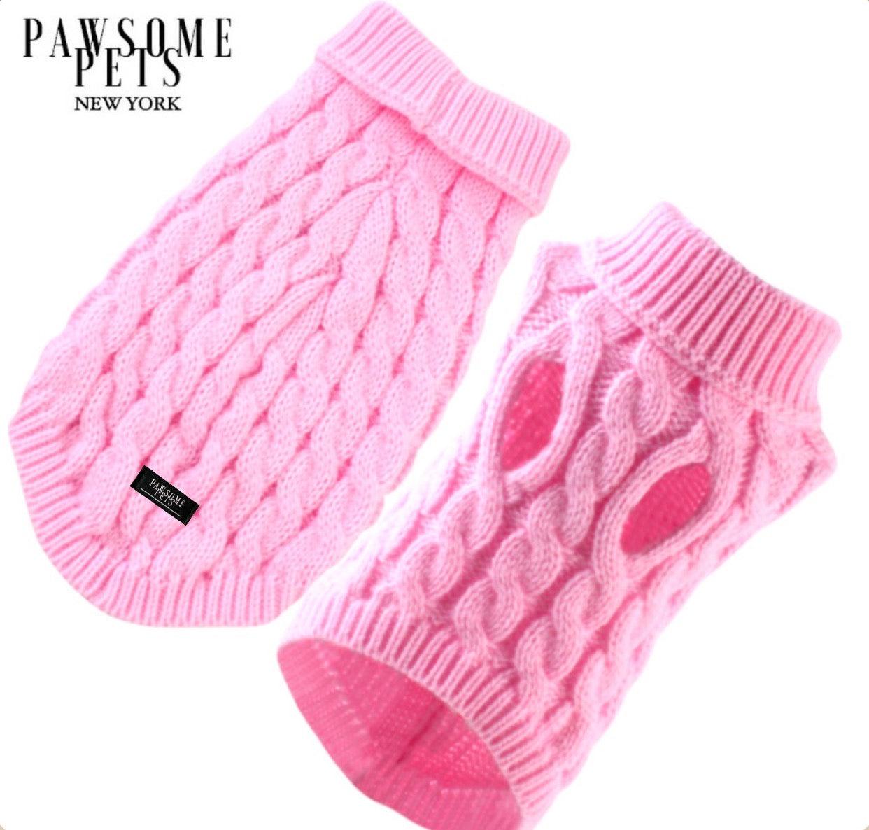 Pink cable-knit pet sweater set with ribbed turtleneck and cuffs