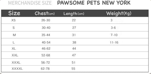 Merchandise size chart for pet sweater: chest, length, weight (XS–XXXXL)