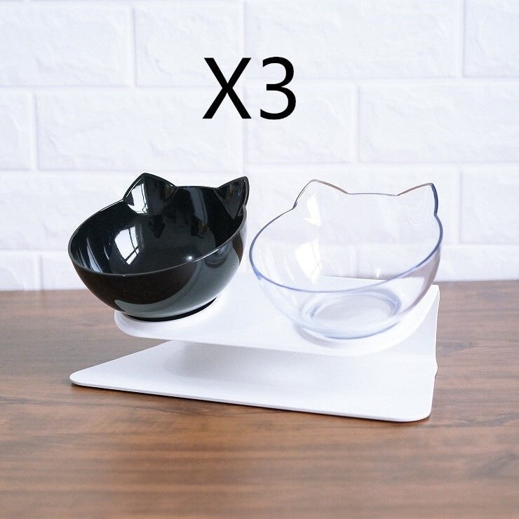 Raised pet food bowl set: one black and one clear cat-shaped bowl on white stand