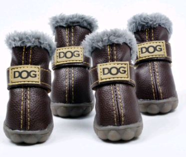 Dark brown dog snow boots with gray faux-fur cuffs and DOG strap patches.