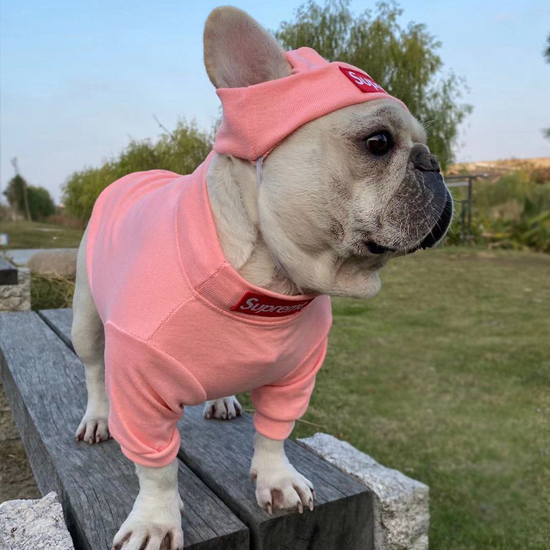 Pink dog outfit and knit hat set with red logo patch