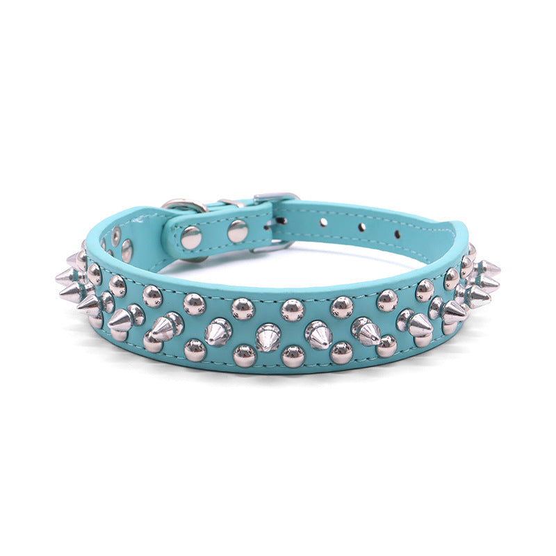 Adjustable teal dog collar with silver spikes and studded rivets, D-ring buckle