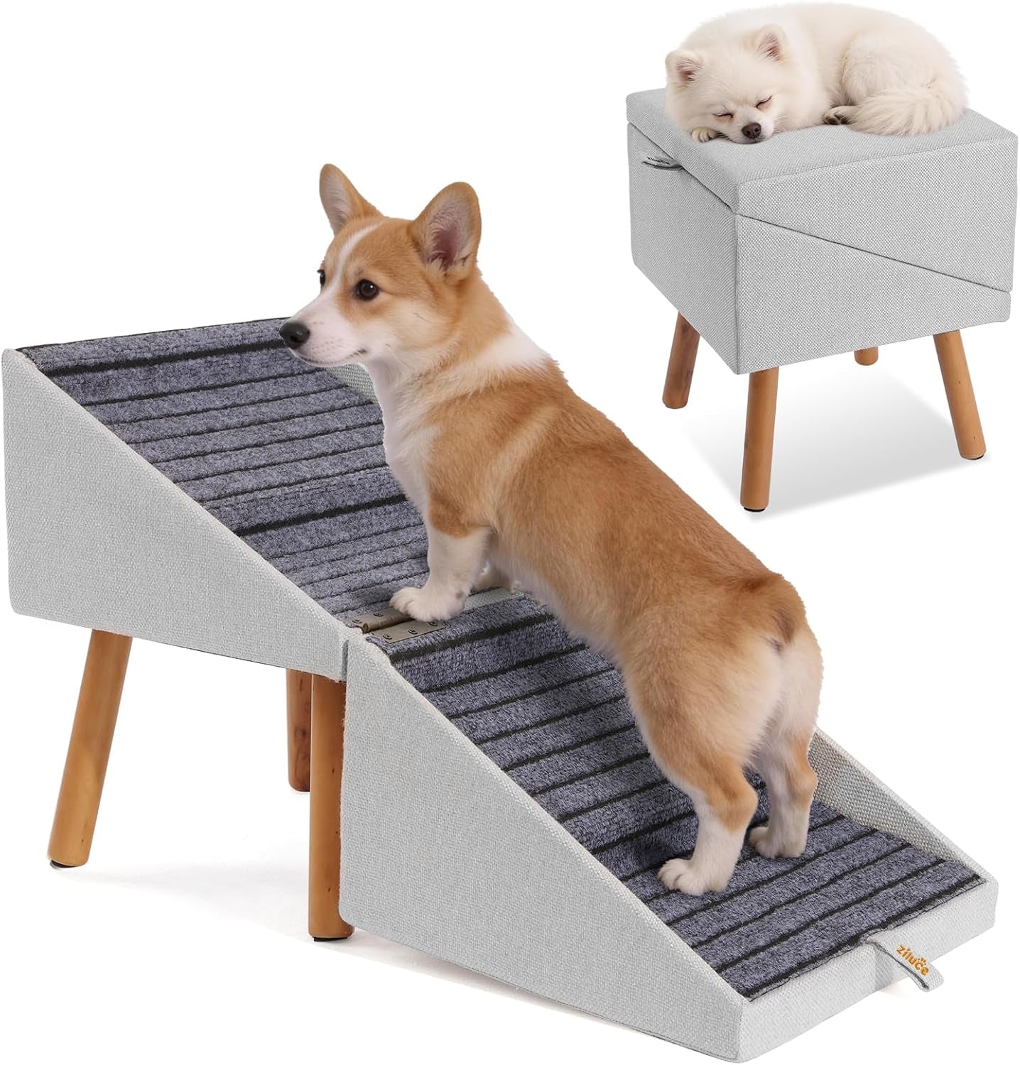 Light grey foldable pet steps ottoman with ribbed non-slip steps and side panels