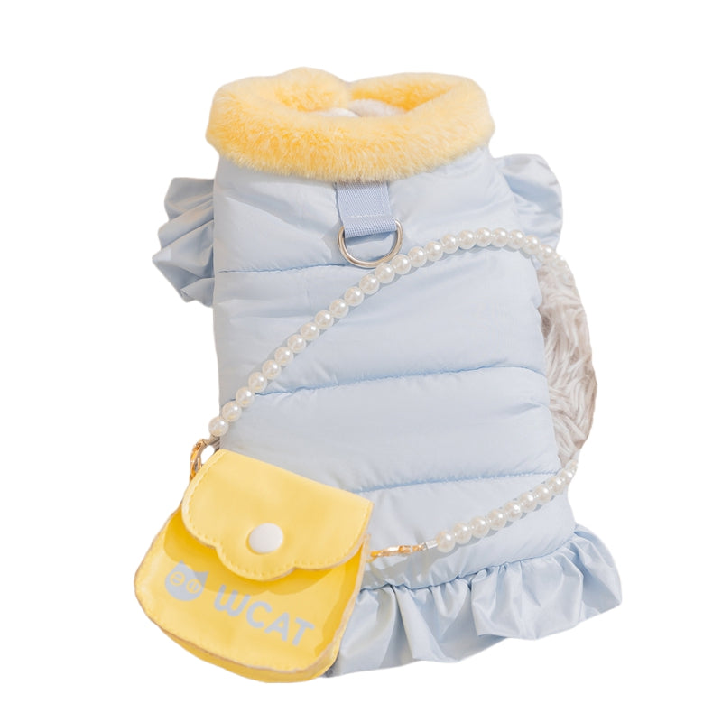 Light blue pet princess coat with faux fur trim, pearl strap, and yellow crossbody pouch