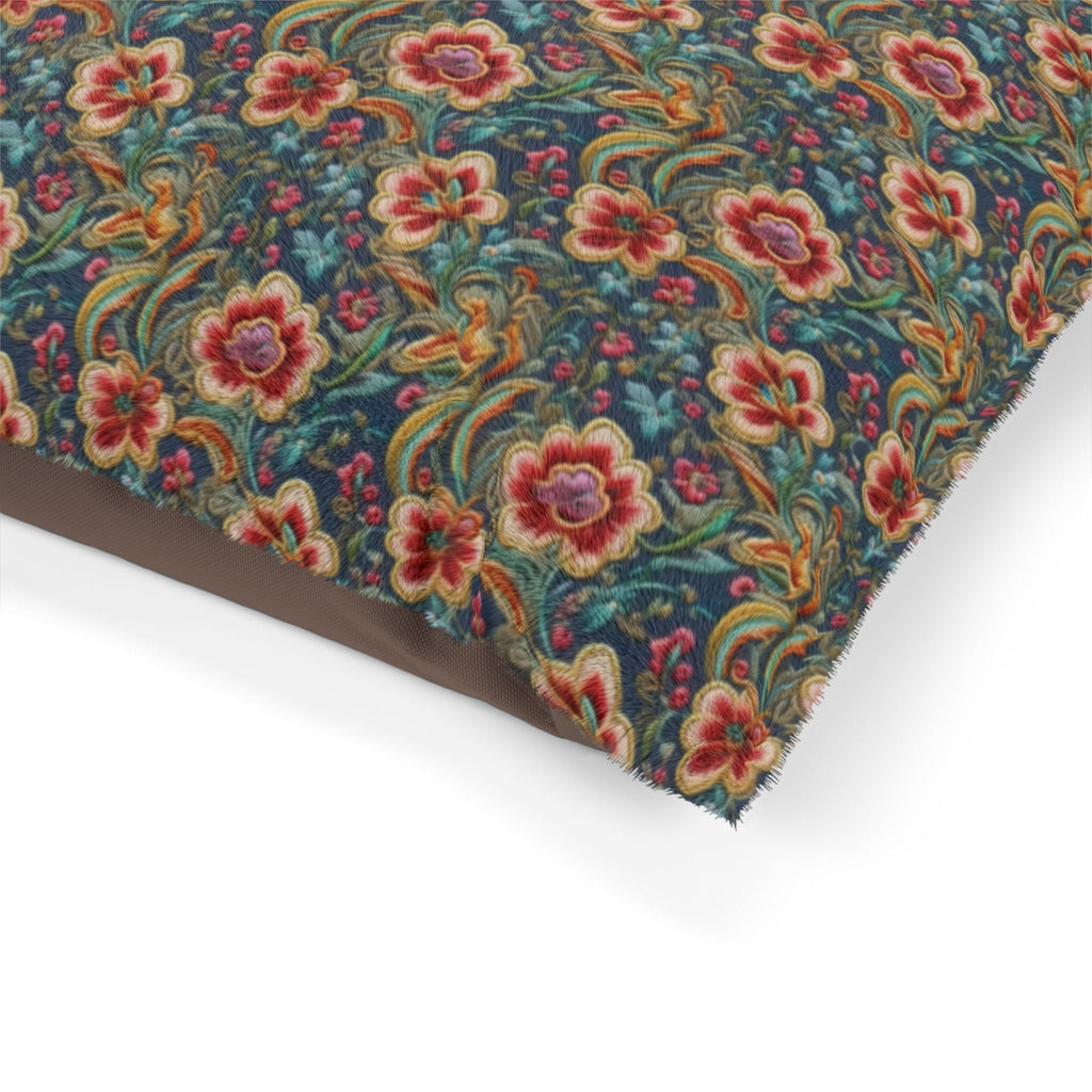 Crimson Blossoms on Teal Vintage Brocade Pet Bed — Coral Fleece, Removable Cover, 40" × 30"