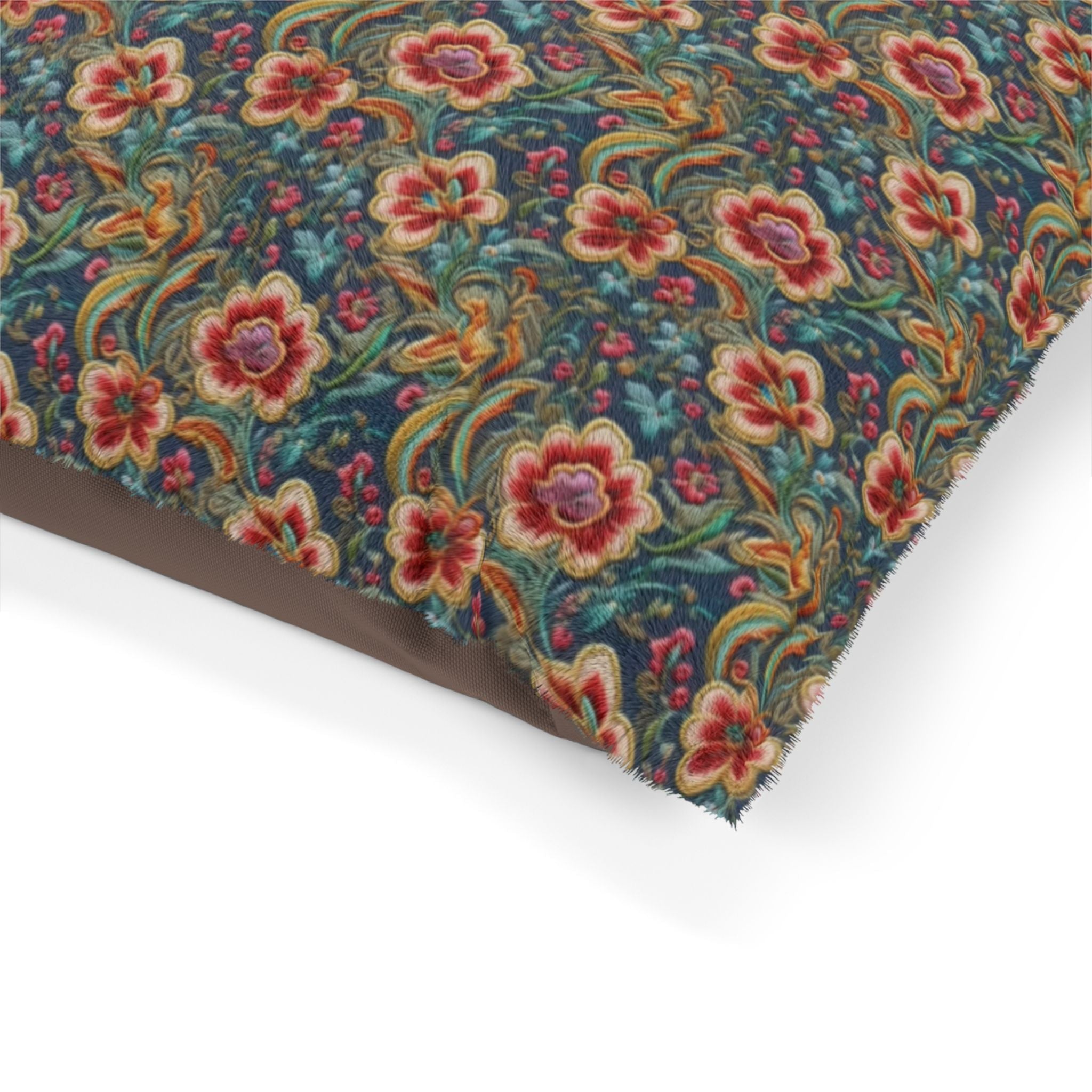 Crimson Blossoms on Teal Vintage Brocade Pet Bed — Coral Fleece, Removable Cover, 40" × 30"