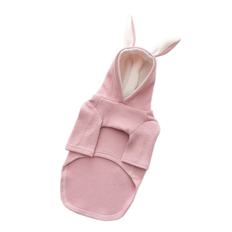 Pink dog hoodie with bunny ears and front pouch pocket for pets