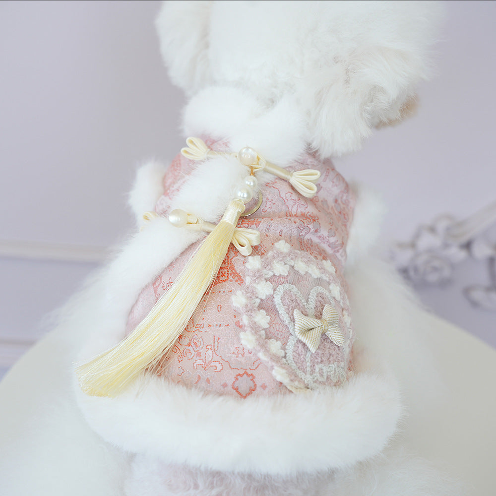 Tasseled pet jacket with pink lace print, cream tassel and white faux-fur trim