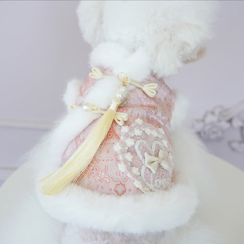 Tasseled pet jacket with pink lace print, cream tassel and white faux-fur trim