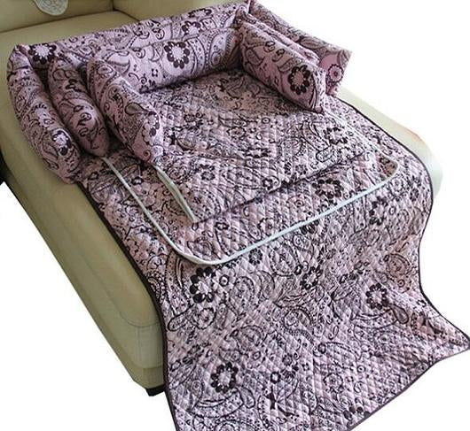 Lilac paisley floral quilted cat bed laid flat with fitted base
