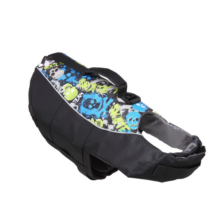 Black dog life vest with colorful fish skull print and adjustable neck strap