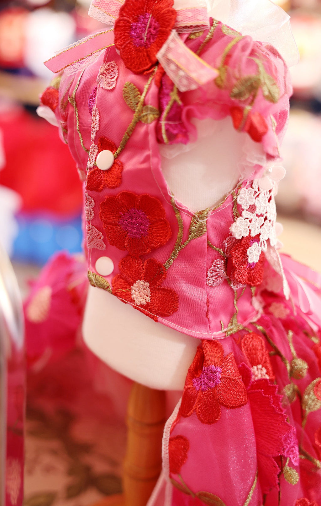 Handmade Rosy Bloom Princess Couture Dog Dress – Hot Pink Floral Embroidery Wedding Gown with Long Train