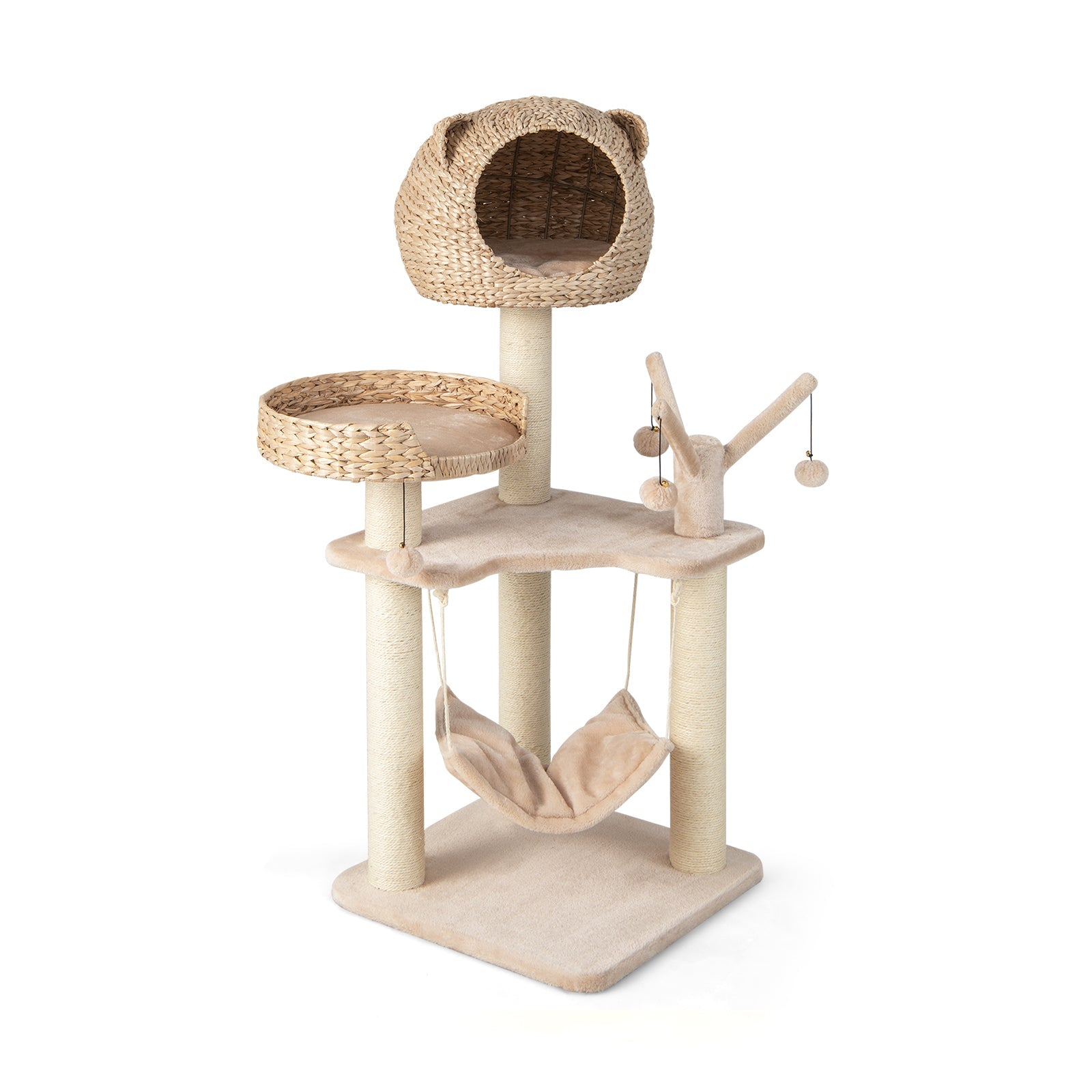 Cat tree with round top cave, side perch, dangling rope ball toys, and hanging hammock