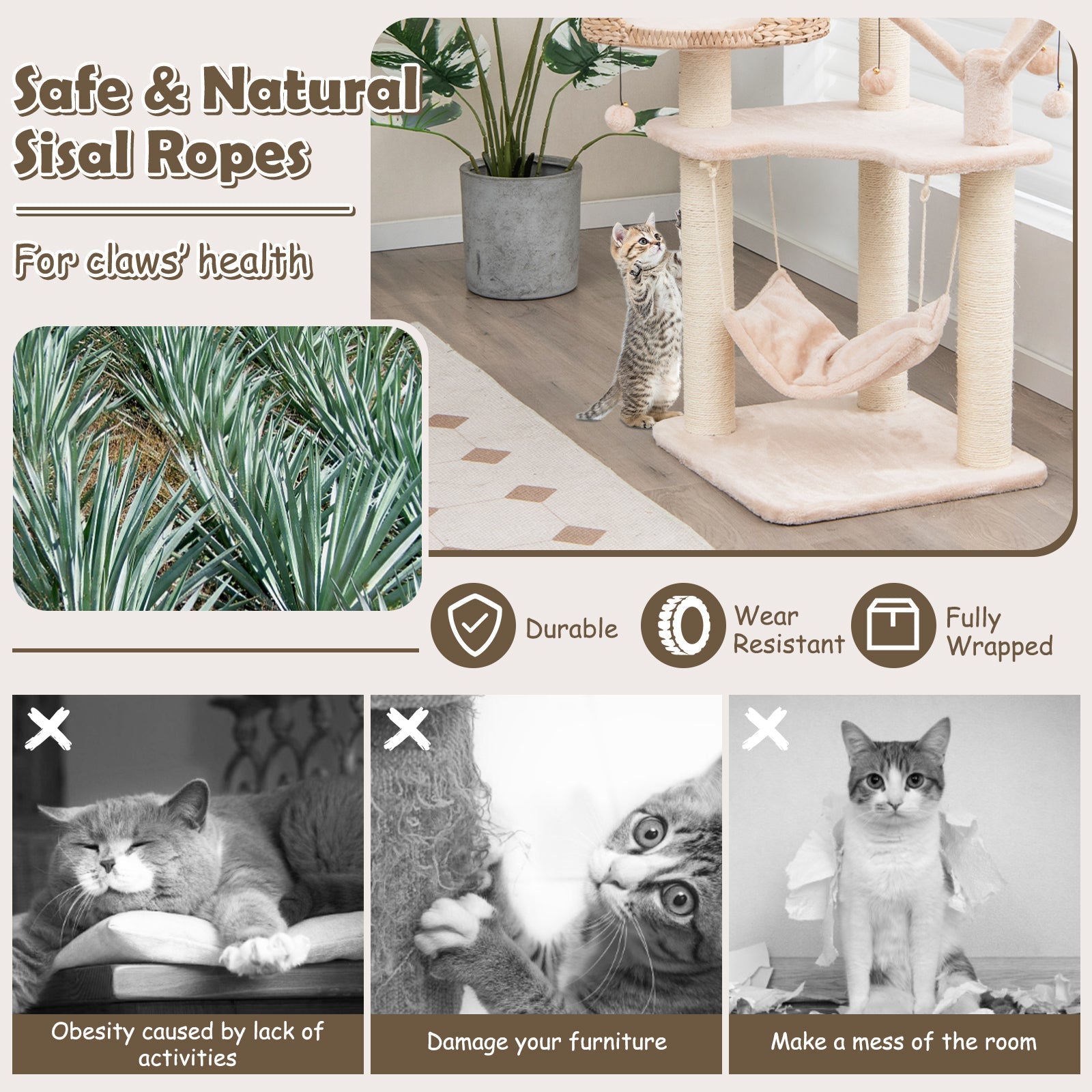 Multi-Level Cat Tree with Condo Hammock and Rotatable Hanging Balls-Natural