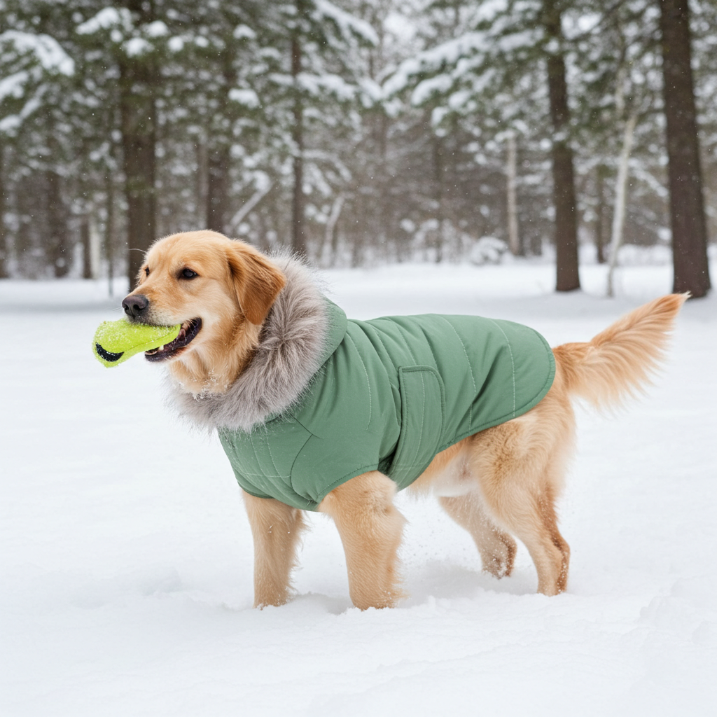 Mint green insulated dog coat parka with faux fur hood and padded body