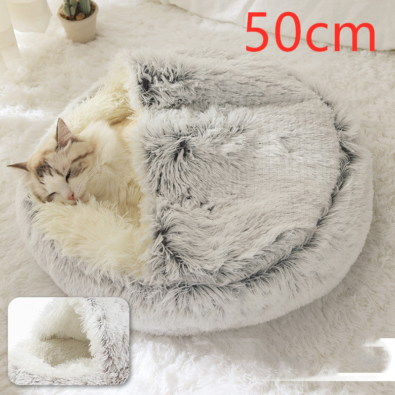 Grey shag round plush pet bed with cushioned inner nest for cats and dogs, pet resting.